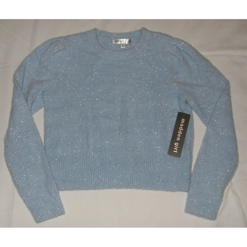 MADDEN GIRL Sparkly Blue Sz Large Stretchy Lightweight Pullover Sweater NEW